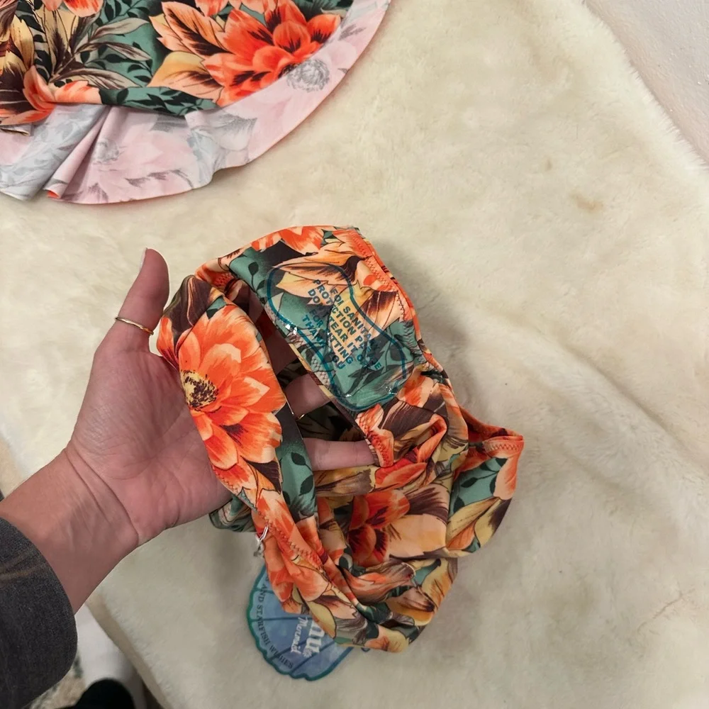 Show Me Your Mumu Orange Floral Bikini Set with Green Leaf Print Size small NWT